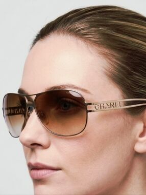 Chanel Silvertone Aviator Logo Sunglasses